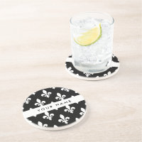 Fleur de Lis, Blanc sur Noir, Blanc, Votre Nom