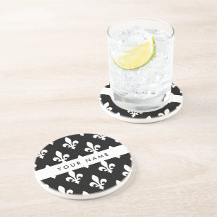 Dessous De Verre En Grès Fleur de Lis, Blanc sur Noir, Blanc, Votre Nom