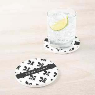 Dessous De Verre En Grès Fleur de Lis, Noir sur Blanc, Noir, Votre Nom