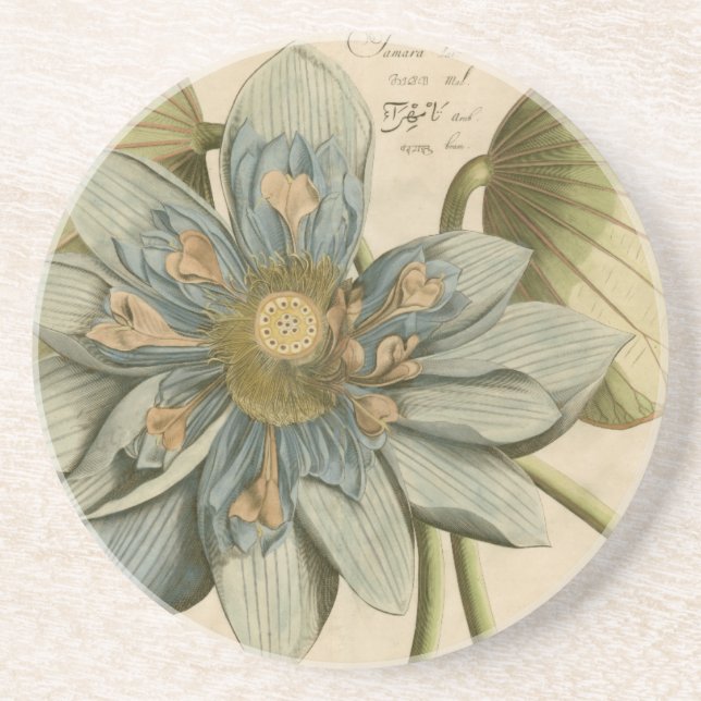 Dessous De Verre En Grès Fleur de Lotus Bleu sur Arrière - plan Tan avec éc (Devant)