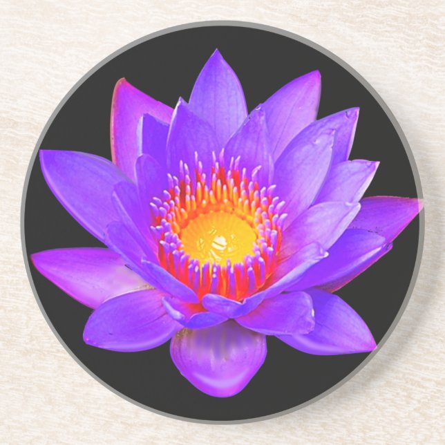 Dessous De Verre En Grès Fleur de lotus violette sur fond noir (Devant)