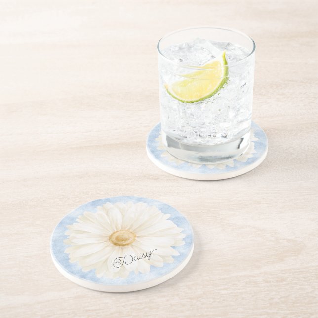 Dessous De Verre En Grès Fleur de marguerite bleue blanche (Côté)