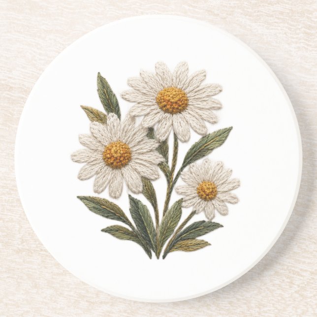Dessous De Verre En Grès Fleur de marguerite brodée (Devant)