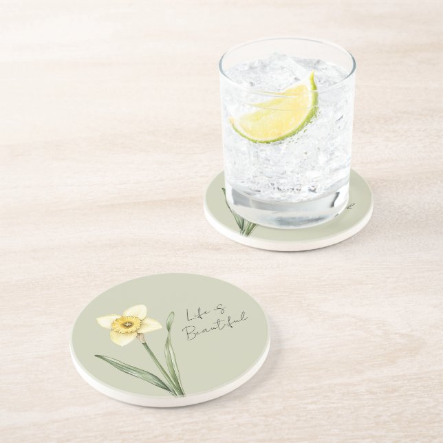 Dessous De Verre En Grès Fleur de narcisse jaune blanc vert (Côté)
