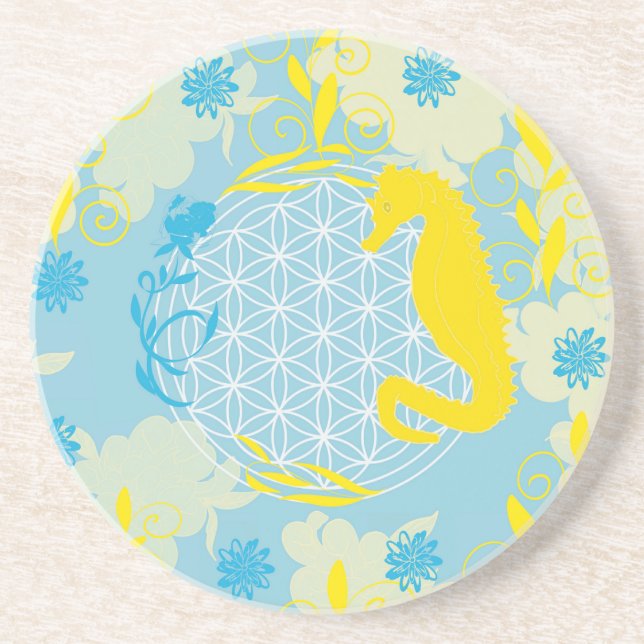 Dessous De Verre En Grès Fleur de Vie Hippocampe Jaune Côtière (Devant)