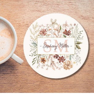 Dessous De Verre En Grès Fleur Florale Élégante Monogramme Aquarelle Automn
