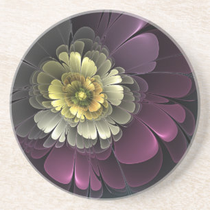 Dessous De Verre En Grès Fleur fractale grise et pourpre moderne abstraite