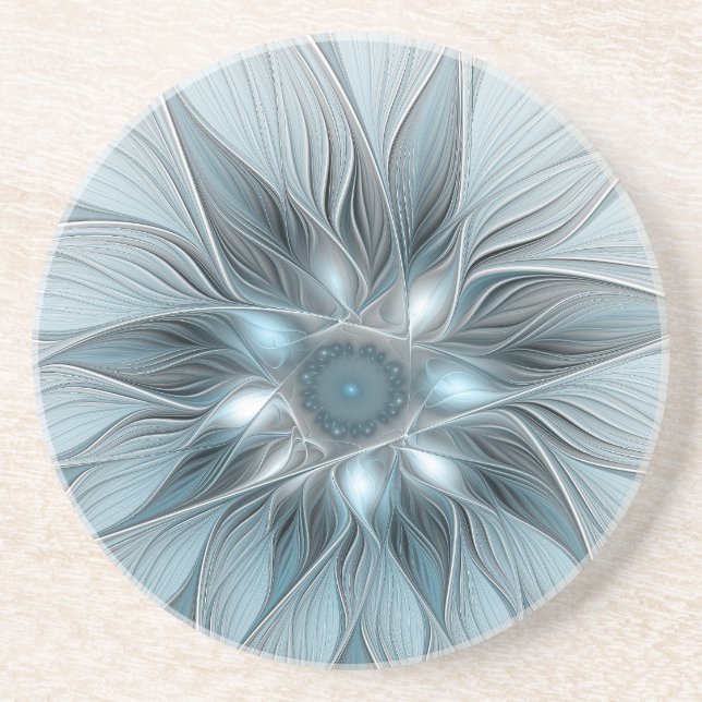 Dessous De Verre En Grès Fleur Joyeuse Abstrait gris bleu floral Fractal (Devant)