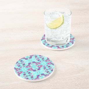 Dessous De Verre En Grès Fleur mignonne violette Motif sur Aqua Blue