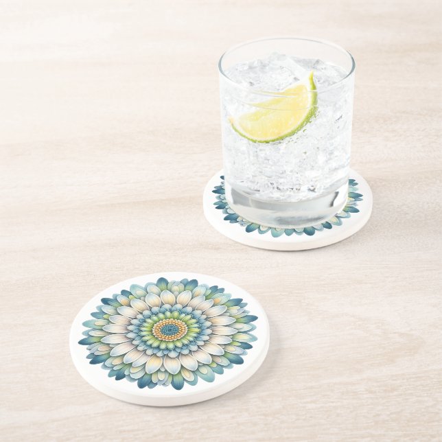 Dessous De Verre En Grès Fleur mod - Bleu, Sage et Jaune (Côté)