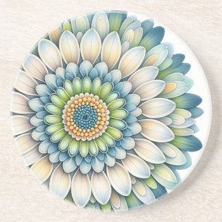 Dessous De Verre En Grès Fleur mod - Bleu, Sage et Jaune partiel
