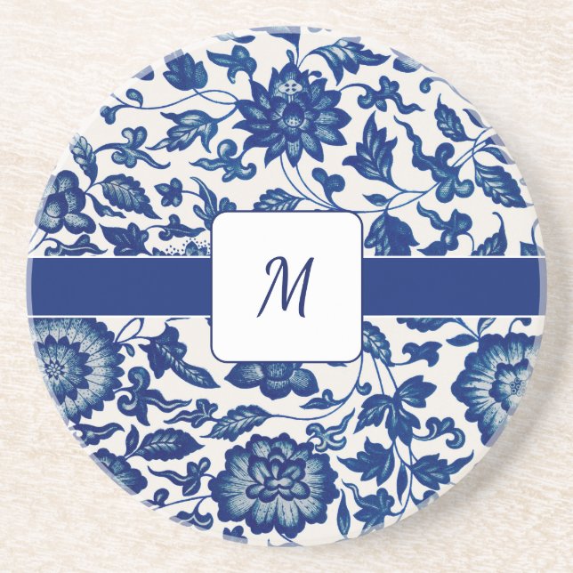 Dessous De Verre En Grès Fleur Sauvage Bleue et Blanche Nom Personnalisé de (Devant)