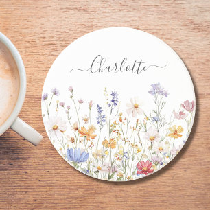 Dessous De Verre En Grès Fleur Sauvage Colorée Aquarelle Monogramme Élégant