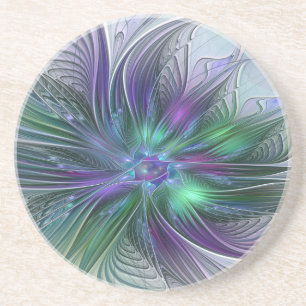 Dessous De Verre En Grès Fleur verte abstraite moderne fractale pourpre