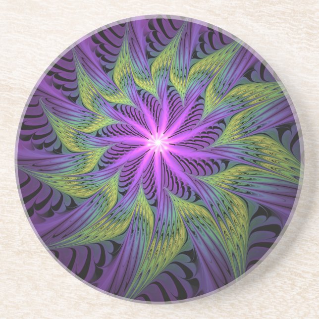 Dessous De Verre En Grès Fleur verte violette Art abstrait fractal moderne (Devant)
