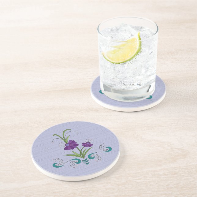 Dessous De Verre En Grès Fleur violette joueuse avec des torsades Turquoise (Côté)