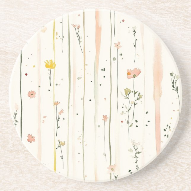 Dessous De Verre En Grès Fleurs à rayures roses et vertes (Devant)