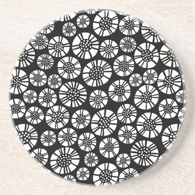 Dessous De Verre En Grès Fleurs Abstraites 031023 - Blanc sur noir (Devant)