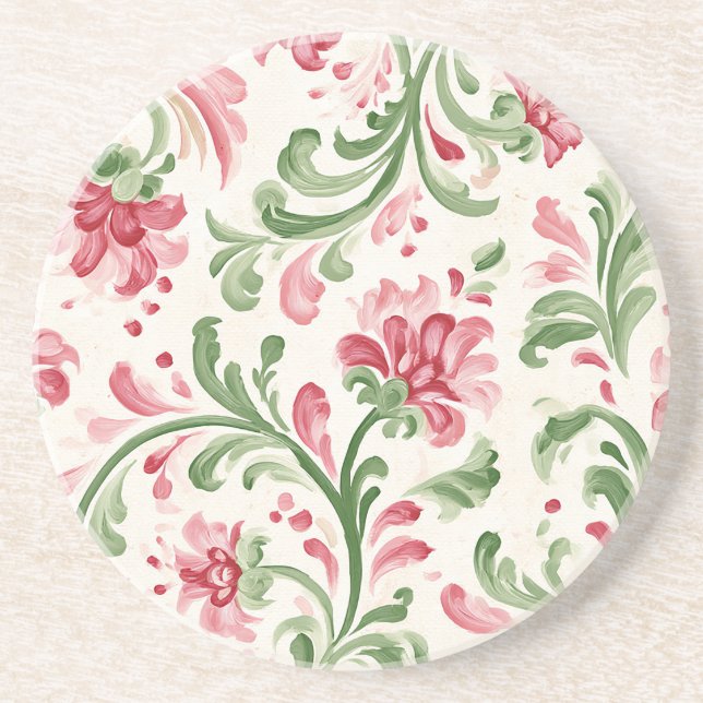 Dessous De Verre En Grès Fleurs Abstraites Crème Rose (Devant)