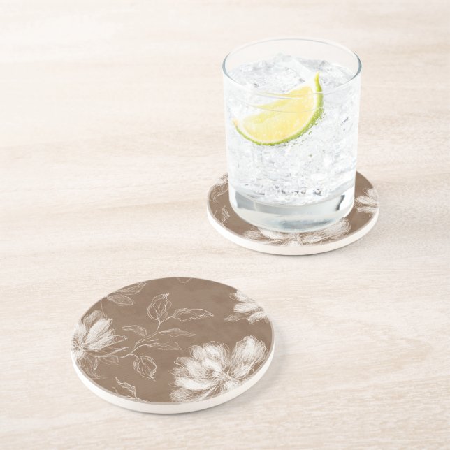 Dessous De Verre En Grès Fleurs Abstraites Marron Blanc (Côté)