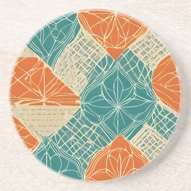 Dessous De Verre En Grès Fleurs abstraites sarcelle, orange et chamois (Devant)