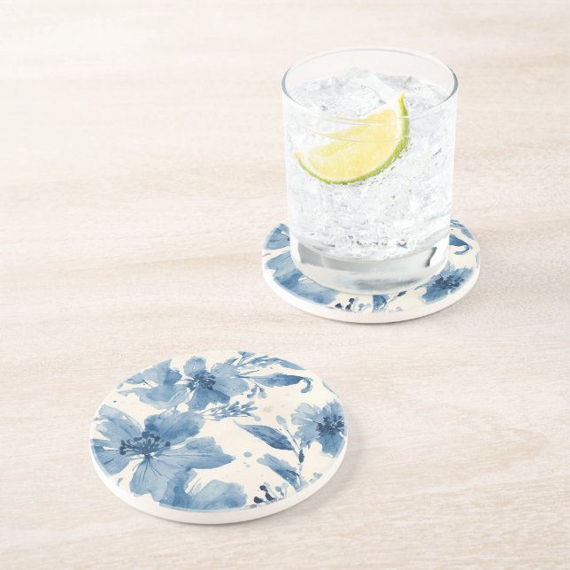 Dessous De Verre En Grès Fleurs aquarelles bleues peintes botaniques fantai (Côté)