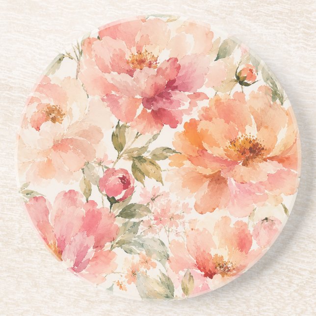 Dessous De Verre En Grès Fleurs aquarelles romantiques chaudes d'été (Devant)
