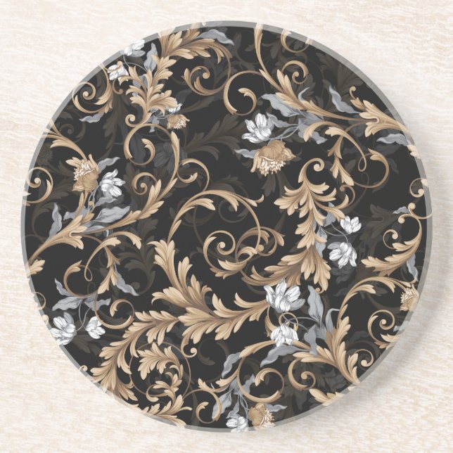 Dessous De Verre En Grès Fleurs baroques classiques : arrière - plan noir. (Devant)