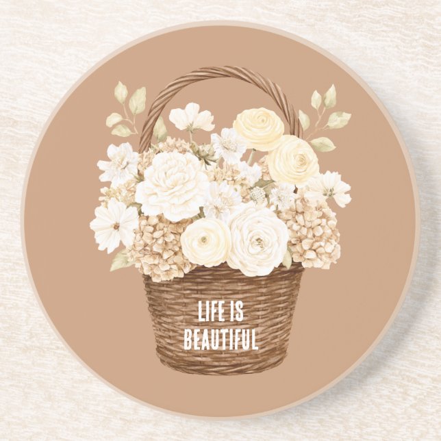 Dessous De Verre En Grès Fleurs blanches crème dans un panier (Devant)