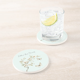 Dessous De Verre En Grès Fleurs blanches de menthe papillons  