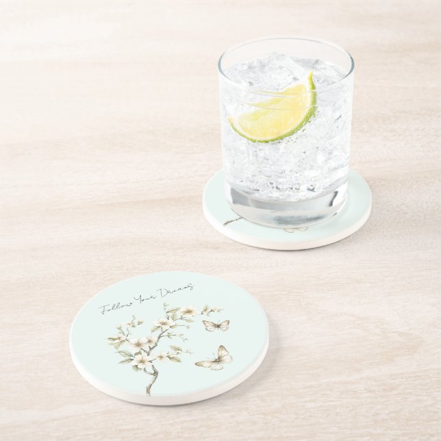 Dessous De Verre En Grès Fleurs blanches de menthe papillons   (Côté)