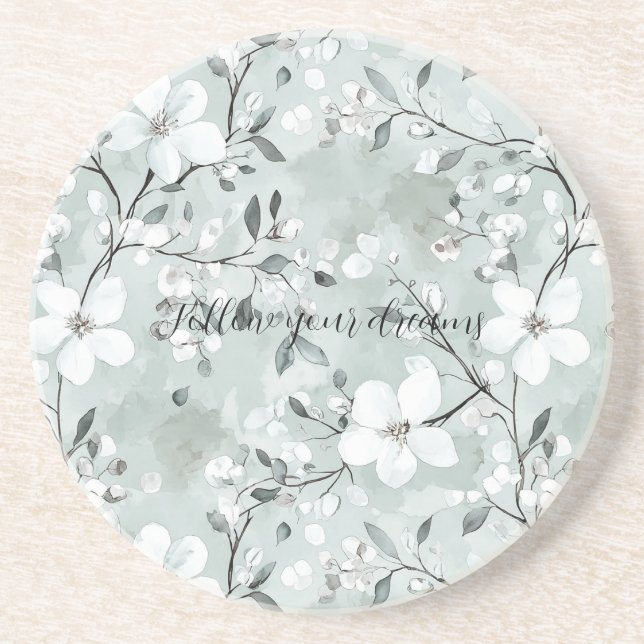 Dessous De Verre En Grès Fleurs blanches gris chic (Devant)