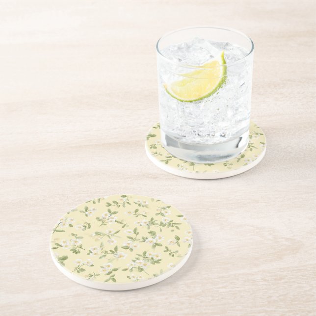 Dessous De Verre En Grès Fleurs blanches jaunes   (Côté)