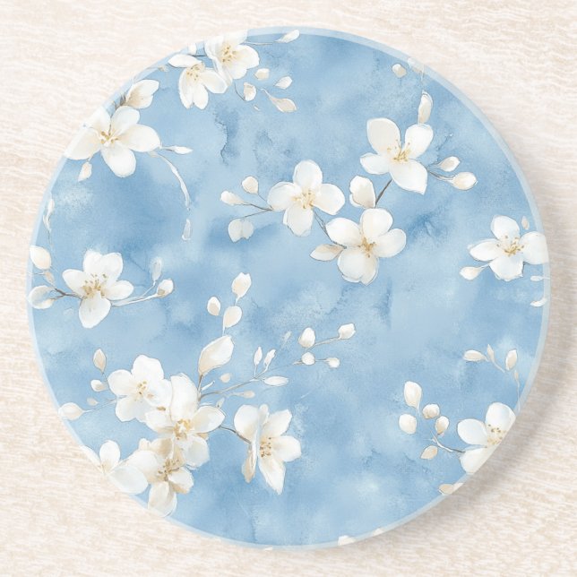 Dessous De Verre En Grès Fleurs blanches jolies bleu ciel (Devant)