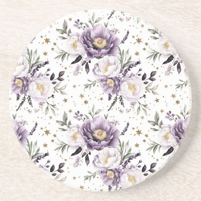 Dessous De Verre En Grès Fleurs blanches violettes Étoiles dorées (Devant)