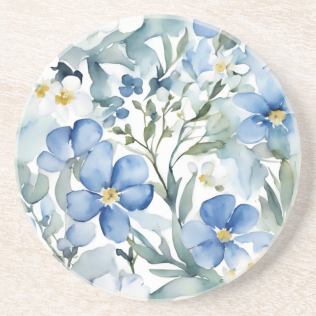 Dessous De Verre En Grès Fleurs Bleu Blanc Aquarelle Élégant (Devant)