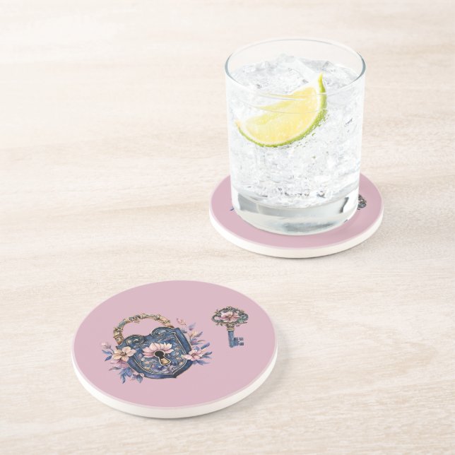 Dessous De Verre En Grès Fleurs Bleu Rose à Clé et Serrure (Côté)