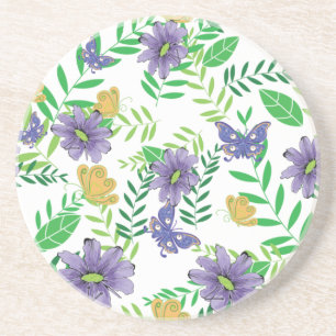Dessous De Verre En Grès Fleurs bleues et pourpres avec des papillons