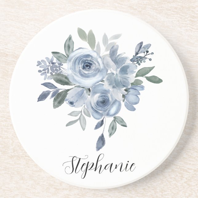 Dessous De Verre En Grès Fleurs bleues et vertes  (Devant)