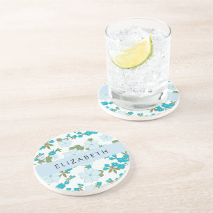 Dessous De Verre En Grès Fleurs Bleues, Motif De Fleurs, Votre Nom