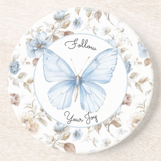 Dessous De Verre En Grès Fleurs bleues romantiques Papillon Feuilles brunes (Devant)