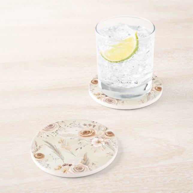 Dessous De Verre En Grès Fleurs Bohèmes Crème Rustiques (Côté)