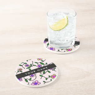 Dessous De Verre En Grès Fleurs Colorées, Fond Rose, Noir