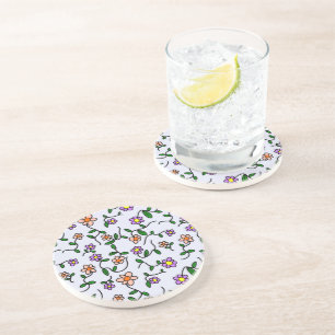 Dessous De Verre En Grès Fleurs Colorées, Motif Floral, Feuillage, Bohème