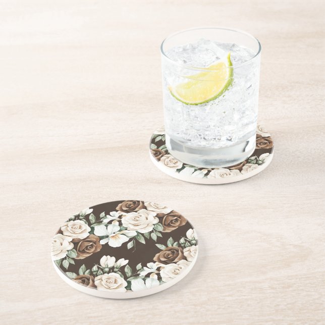 Dessous De Verre En Grès Fleurs Crème Marron Chocolat (Côté)