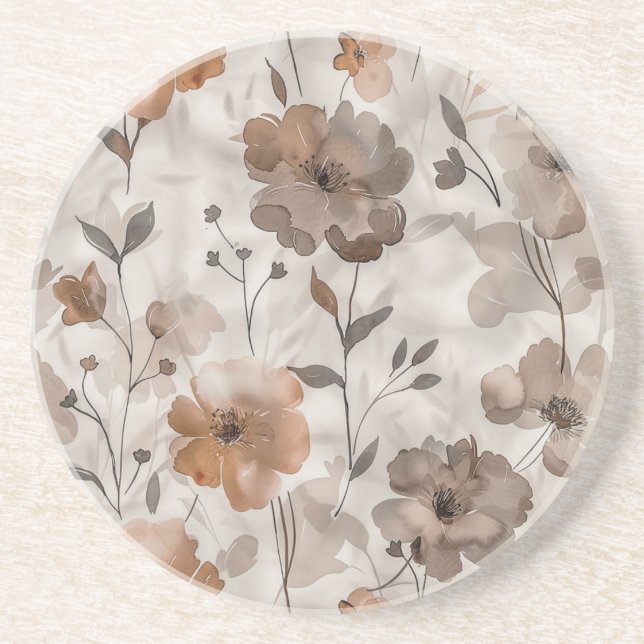 Dessous De Verre En Grès Fleurs Crème Orange Marron (Devant)