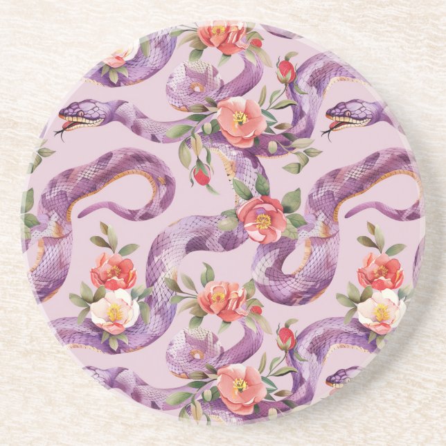 Dessous De Verre En Grès Fleurs Crème Rouges Serpents Violets (Devant)