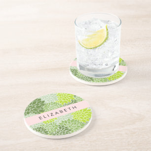 Dessous De Verre En Grès Fleurs Dahlia Vertes, Motif Floral, Votre Nom