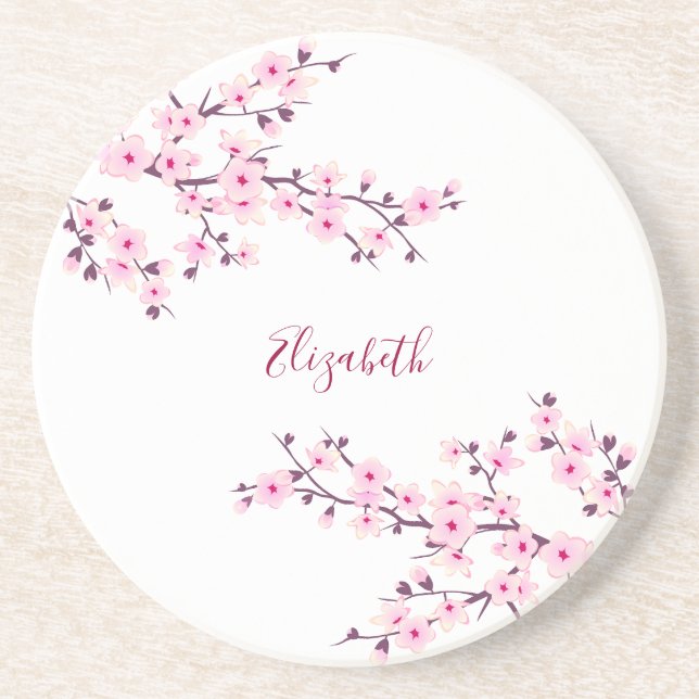 Dessous De Verre En Grès Fleurs de cerisier rose blanc Monogramme   (Devant)