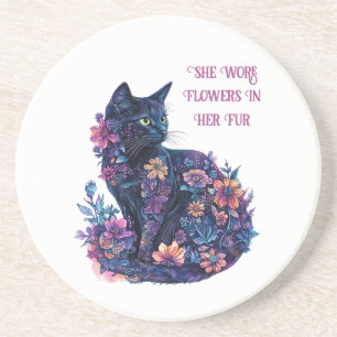 Dessous De Verre En Grès Fleurs de Chat Noir dans sa Fourrure